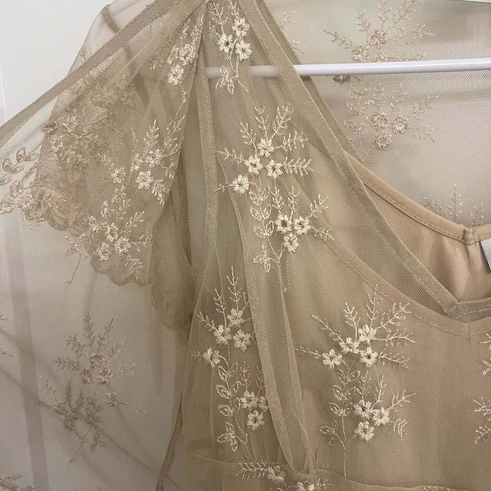 Vintage Lace Sheer Fairycore Boho Tan Floral Lace Blouse - Picture 2 of 8